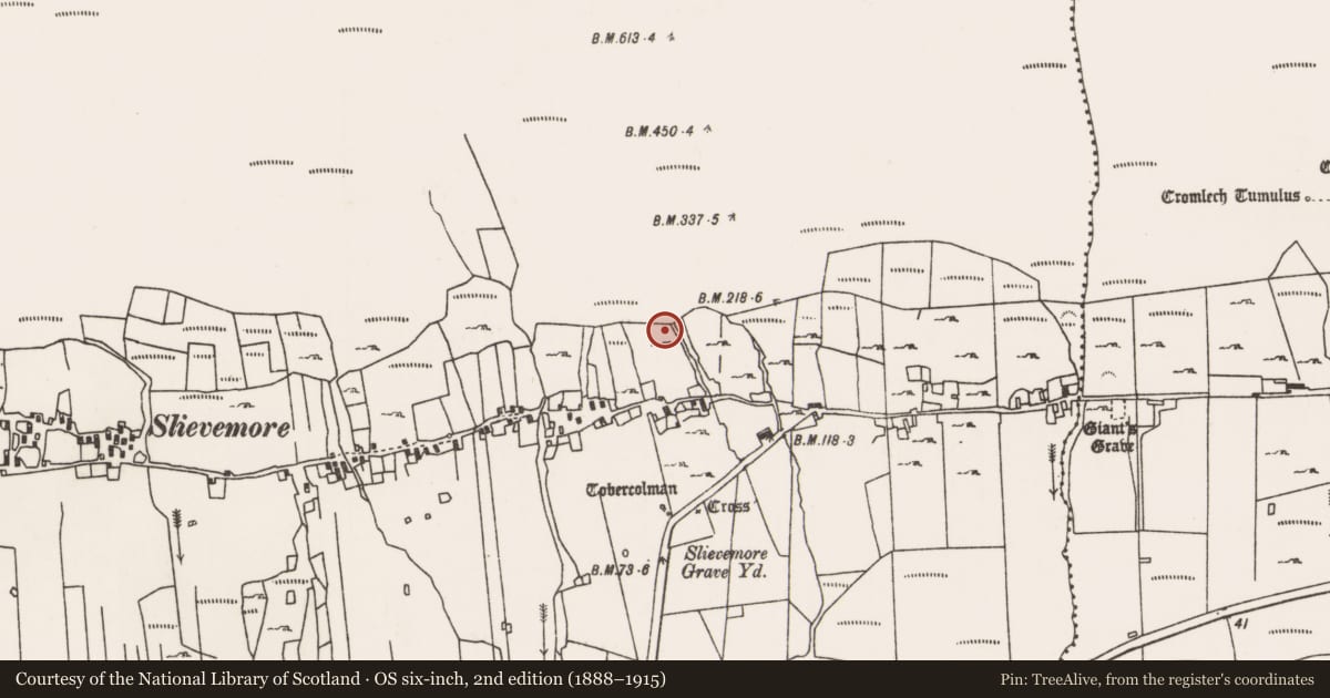 Ordnance Survey six-inch map, 2nd edition (1888–1915) covering the location of House - indeterminate date, Slievemore, County Mayo, with a pin at the register's coordinates