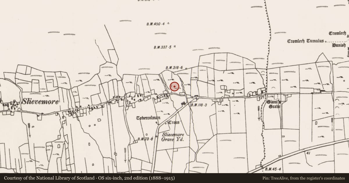Ordnance Survey six-inch map, 2nd edition (1888–1915) covering the location of Structure, Slievemore, County Mayo, with a pin at the register's coordinates