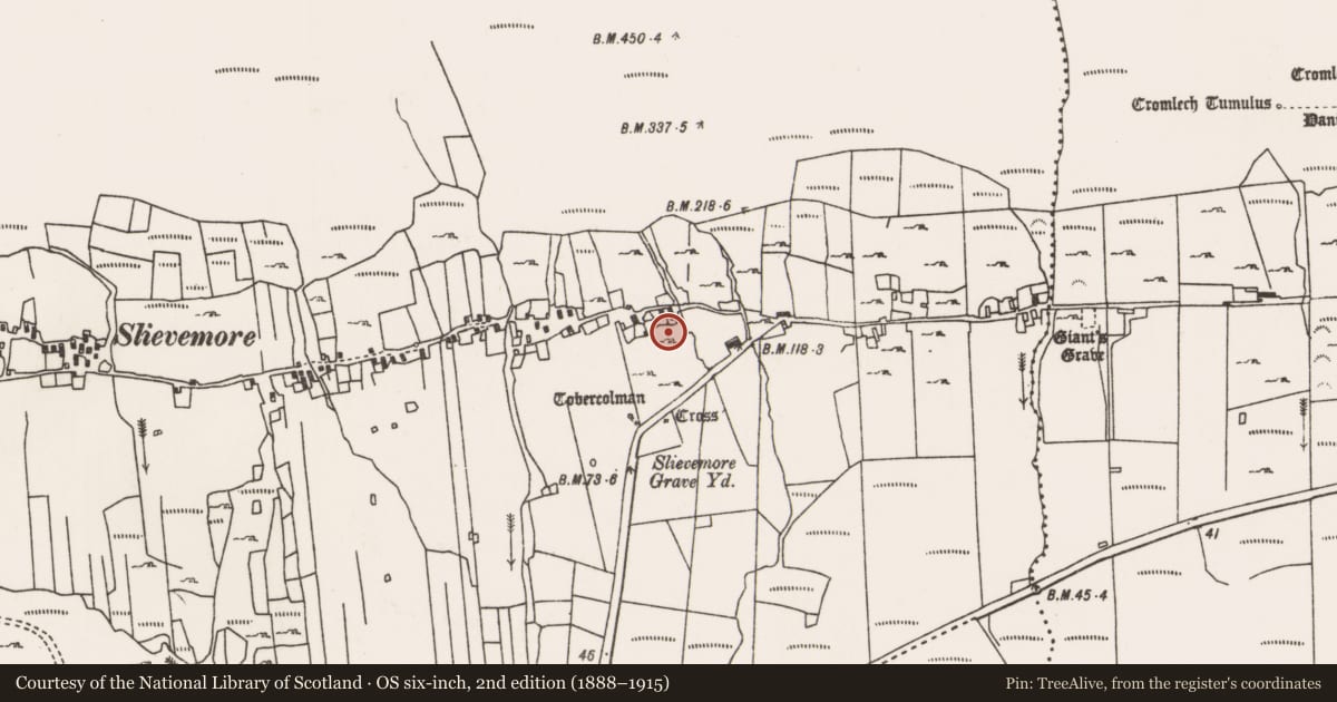 Ordnance Survey six-inch map, 2nd edition (1888–1915) covering the location of Souterrain, Slievemore, County Mayo, with a pin at the register's coordinates