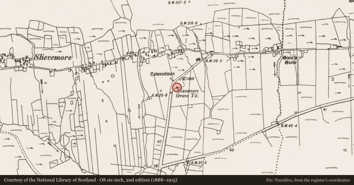 Ordnance Survey six-inch map, 2nd edition (1888–1915) covering the location of Church, Slievemore, County Mayo, with a pin at the register's coordinates