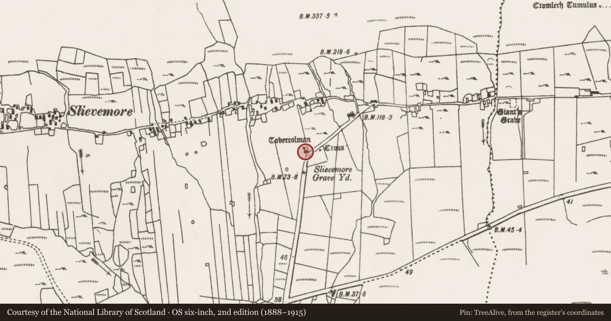 Ordnance Survey six-inch map, 2nd edition (1888–1915) covering the location of Ritual site - holy well, Slievemore, County Mayo, with a pin at the register's coordinates
