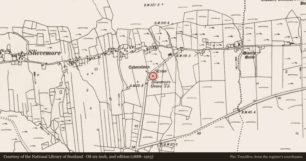 Ordnance Survey six-inch map, 2nd edition (1888–1915) covering the location of Cross, Slievemore, County Mayo, with a pin at the register's coordinates