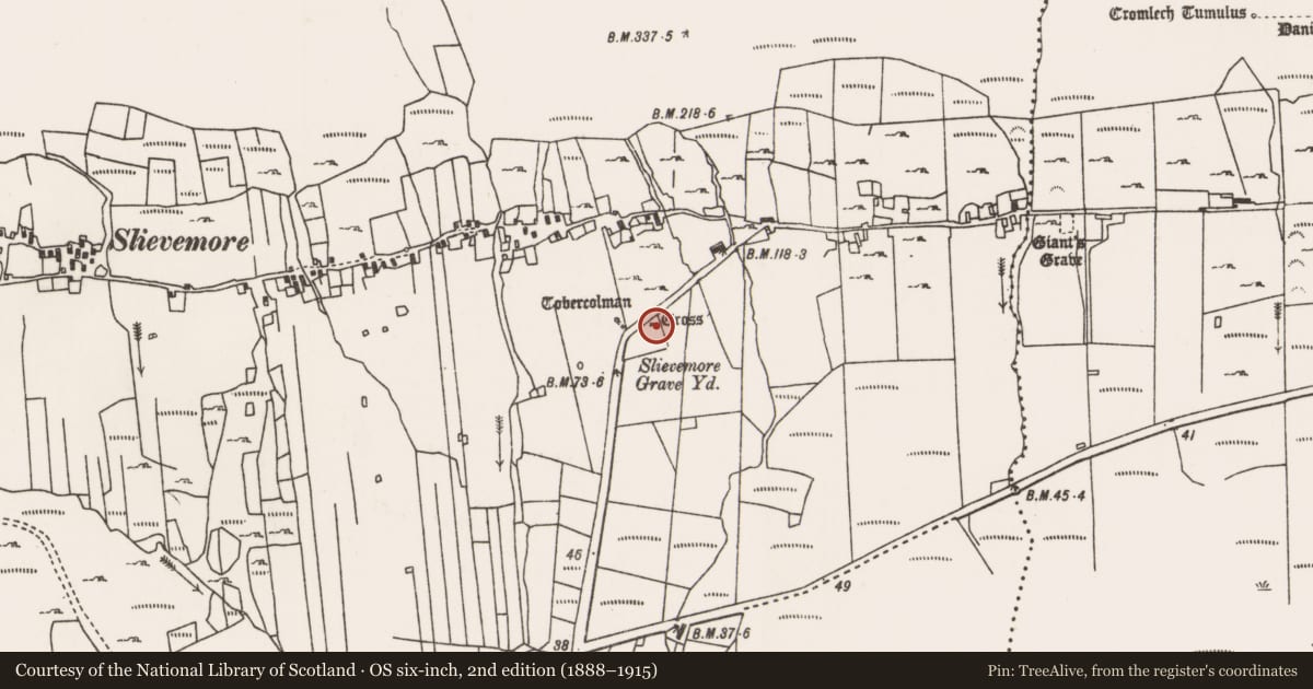 Ordnance Survey six-inch map, 2nd edition (1888–1915) covering the location of Children's burial ground, Slievemore, County Mayo, with a pin at the register's coordinates