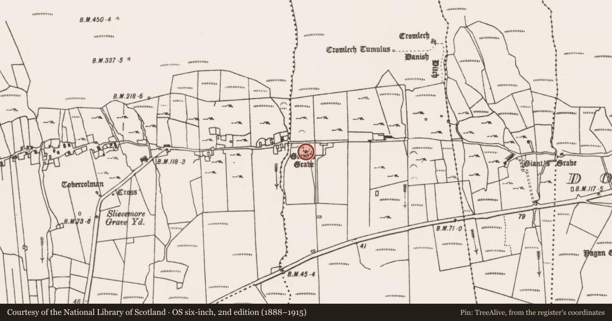 Ordnance Survey six-inch map, 2nd edition (1888–1915) covering the location of Megalithic tomb - court tomb, Keel East, County Mayo, with a pin at the register's coordinates