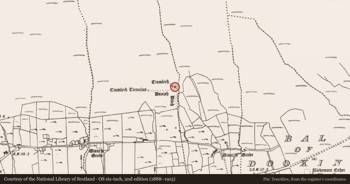 Ordnance Survey six-inch map, 2nd edition (1888–1915) covering the location of Megalithic tomb - court tomb, Keel East, County Mayo, with a pin at the register's coordinates