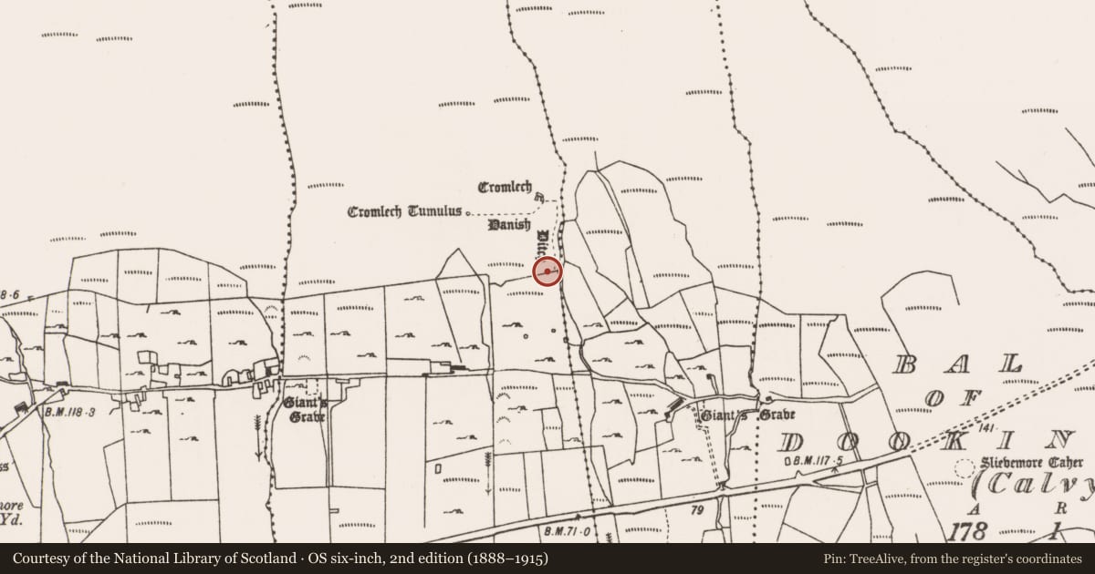Ordnance Survey six-inch map, 2nd edition (1888–1915) covering the location of Megalithic tomb - unclassified, Keel East, County Mayo, with a pin at the register's coordinates