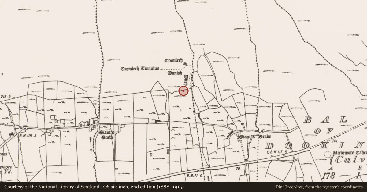 Ordnance Survey six-inch map, 2nd edition (1888–1915) covering the location of Enclosure, Keel East, County Mayo, with a pin at the register's coordinates