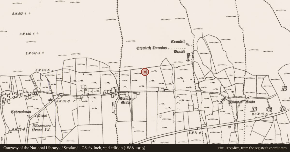 Ordnance Survey six-inch map, 2nd edition (1888–1915) covering the location of Stone circle, Keel East, County Mayo, with a pin at the register's coordinates
