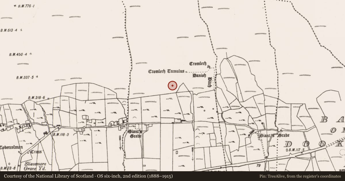 Ordnance Survey six-inch map, 2nd edition (1888–1915) covering the location of Cist, Keel East, County Mayo, with a pin at the register's coordinates