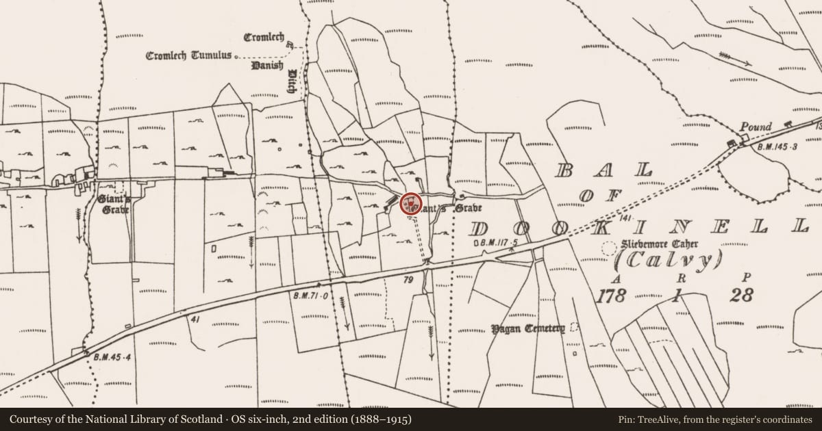 Ordnance Survey six-inch map, 2nd edition (1888–1915) covering the location of Megalithic tomb - portal tomb, Doogort West, County Mayo, with a pin at the register's coordinates