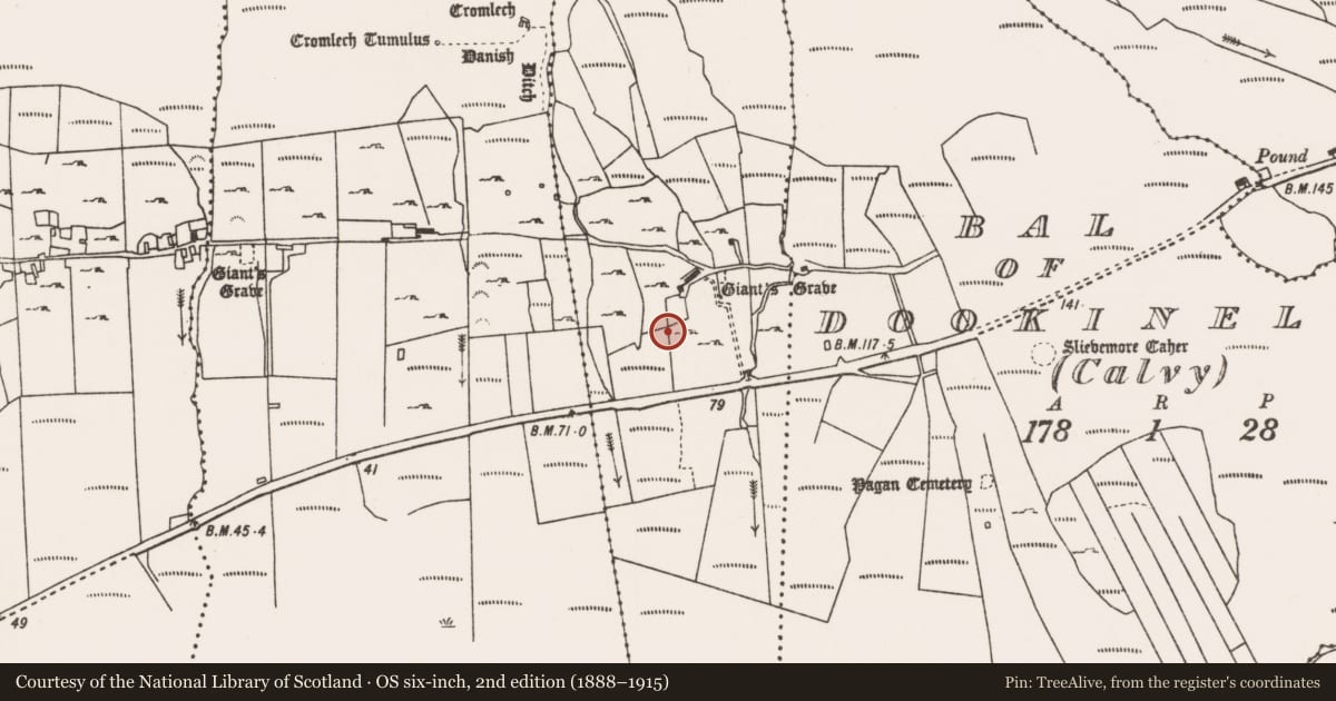 Ordnance Survey six-inch map, 2nd edition (1888–1915) covering the location of Megalithic tomb - unclassified, Doogort West, County Mayo, with a pin at the register's coordinates