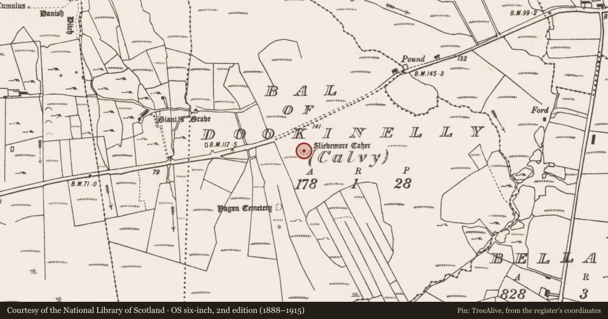 Ordnance Survey six-inch map, 2nd edition (1888–1915) covering the location of Ringfort - cashel, Bal of Dookinelly (Calvy), County Mayo, with a pin at the register's coordinates