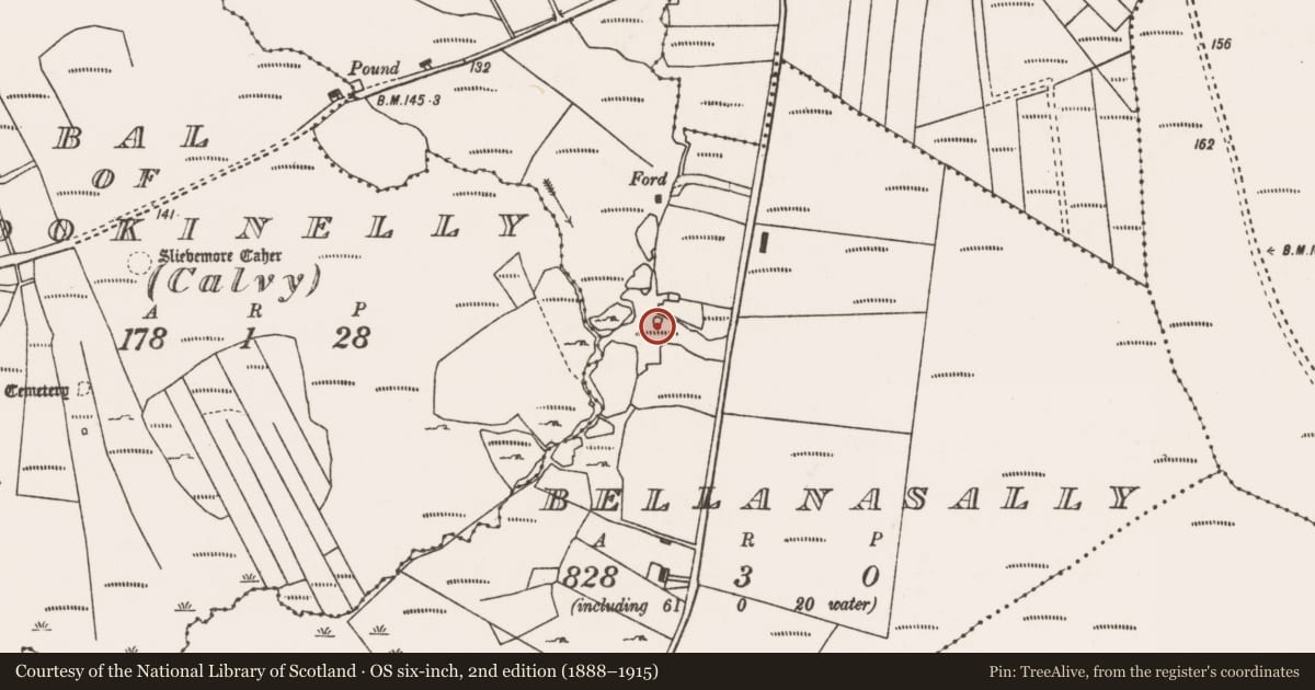Ordnance Survey six-inch map, 2nd edition (1888–1915) covering the location of House - 18th/19th century, Bellanasally, County Mayo, with a pin at the register's coordinates