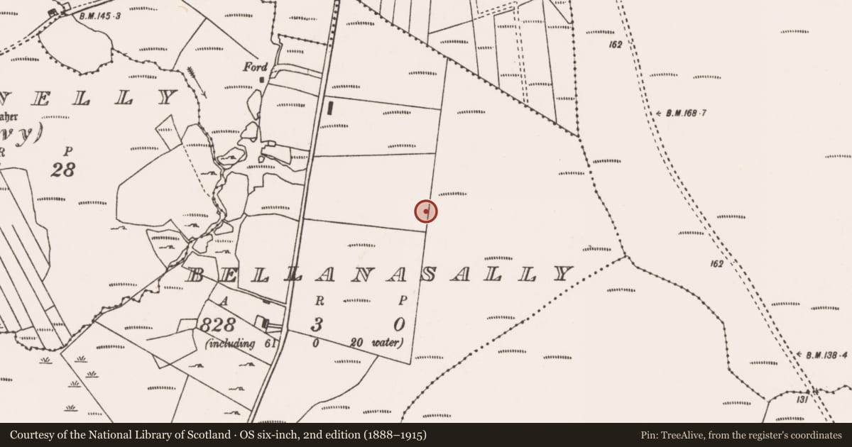 Ordnance Survey six-inch map, 2nd edition (1888–1915) covering the location of Enclosure, Bellanasally, County Mayo, with a pin at the register's coordinates