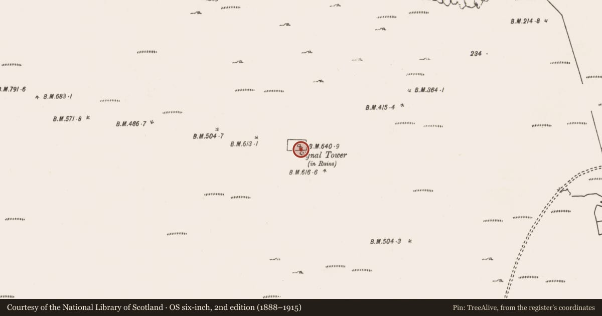 Ordnance Survey six-inch map, 2nd edition (1888–1915) covering the location of Signal tower, Slievemore, County Mayo, with a pin at the register's coordinates