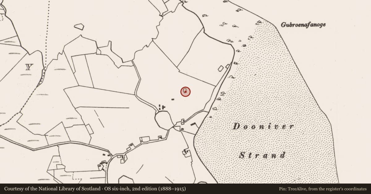 Ordnance Survey six-inch map, 2nd edition (1888–1915) covering the location of Enclosure, Dún Ibhir, County Mayo, with a pin at the register's coordinates