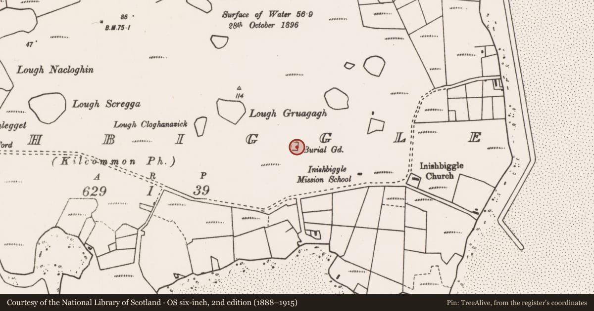 Ordnance Survey six-inch map, 2nd edition (1888–1915) covering the location of Burial ground, Inis Bigil, County Mayo, with a pin at the register's coordinates