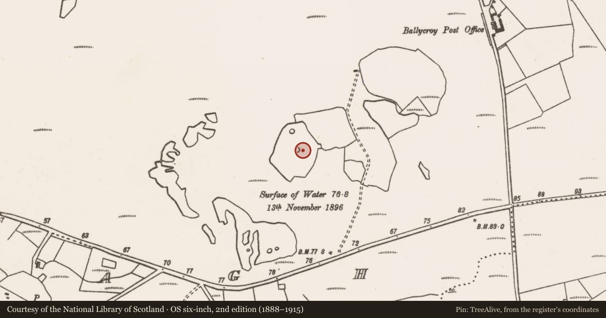 Ordnance Survey six-inch map, 2nd edition (1888–1915) covering the location of Crannog, Talach, County Mayo, with a pin at the register's coordinates