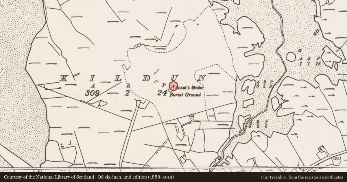 Ordnance Survey six-inch map, 2nd edition (1888–1915) covering the location of Burial ground, Kildun, County Mayo, with a pin at the register's coordinates