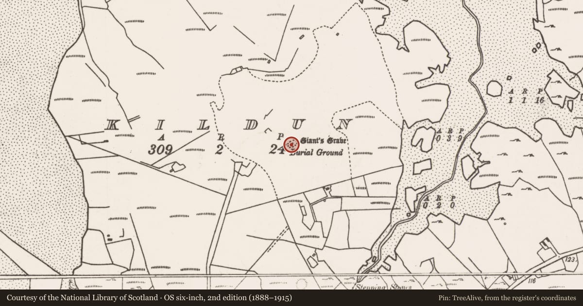 Ordnance Survey six-inch map, 2nd edition (1888–1915) covering the location of Standing stone, Kildun, County Mayo, with a pin at the register's coordinates