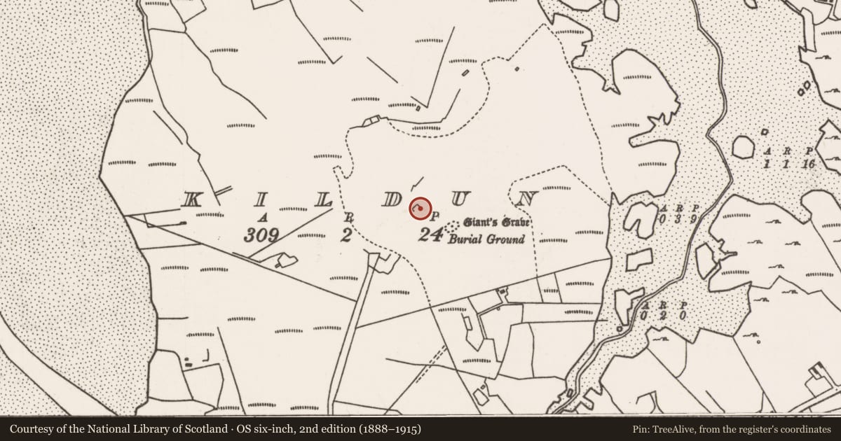 Ordnance Survey six-inch map, 2nd edition (1888–1915) covering the location of Building, Kildun, County Mayo, with a pin at the register's coordinates