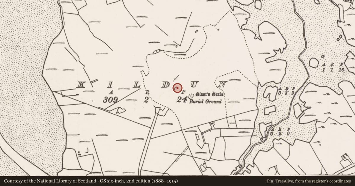 Ordnance Survey six-inch map, 2nd edition (1888–1915) covering the location of Building, Kildun, County Mayo, with a pin at the register's coordinates