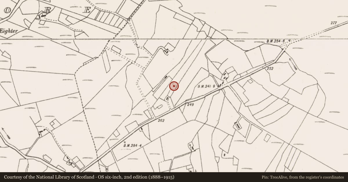 Ordnance Survey six-inch map, 2nd edition (1888–1915) covering the location of Children's burial ground, Keenagh Beg, County Mayo, with a pin at the register's coordinates