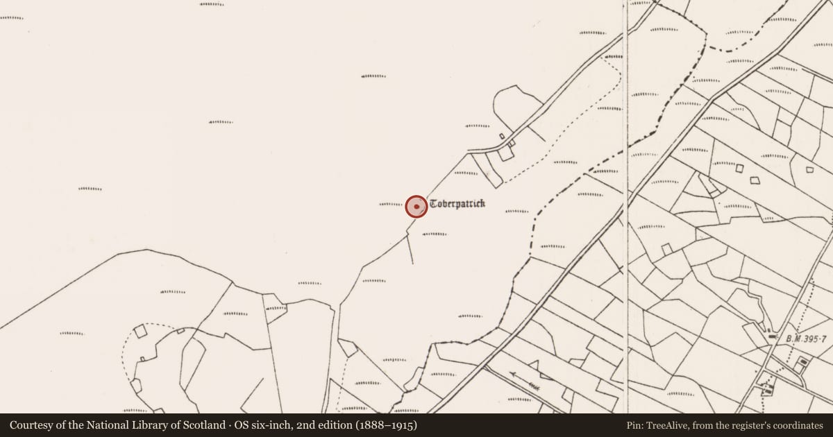 Ordnance Survey six-inch map, 2nd edition (1888–1915) covering the location of Ritual site - holy well, Tristia, County Mayo, with a pin at the register's coordinates