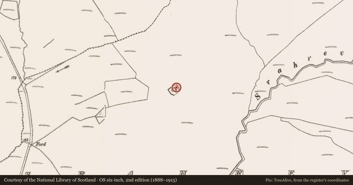 Ordnance Survey six-inch map, 2nd edition (1888–1915) covering the location of Crannog, Srahrevagh, County Mayo, with a pin at the register's coordinates