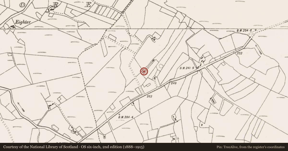 Ordnance Survey six-inch map, 2nd edition (1888–1915) covering the location of Children's burial ground, Keenagh Beg, County Mayo, with a pin at the register's coordinates