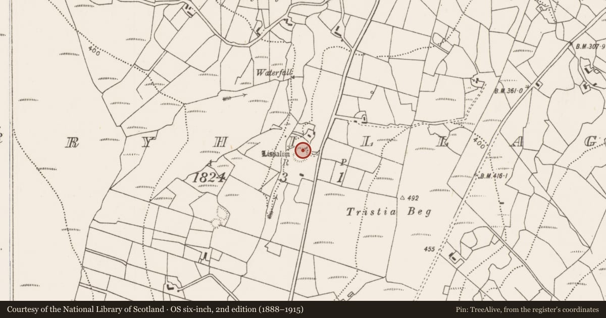 Ordnance Survey six-inch map, 2nd edition (1888–1915) covering the location of Ringfort - rath, Derryhillagh, County Mayo, with a pin at the register's coordinates