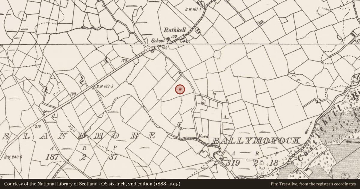 Ordnance Survey six-inch map, 2nd edition (1888–1915) covering the location of Ringfort - rath, Ballymoyock, County Mayo, with a pin at the register's coordinates