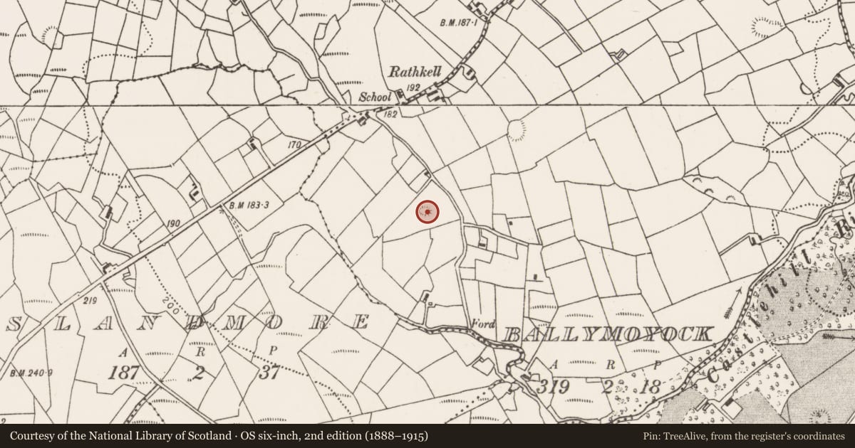 Ordnance Survey six-inch map, 2nd edition (1888–1915) covering the location of Children's burial ground, Ballymoyock, County Mayo, with a pin at the register's coordinates