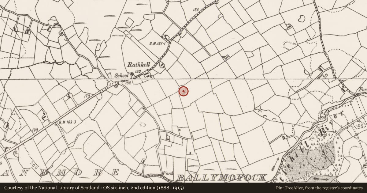 Ordnance Survey six-inch map, 2nd edition (1888–1915) covering the location of Ringfort - rath, Ballymoyock, County Mayo, with a pin at the register's coordinates
