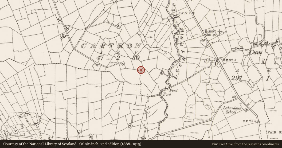 Ordnance Survey six-inch map, 2nd edition (1888–1915) covering the location of Mound, Cartron, County Mayo, with a pin at the register's coordinates