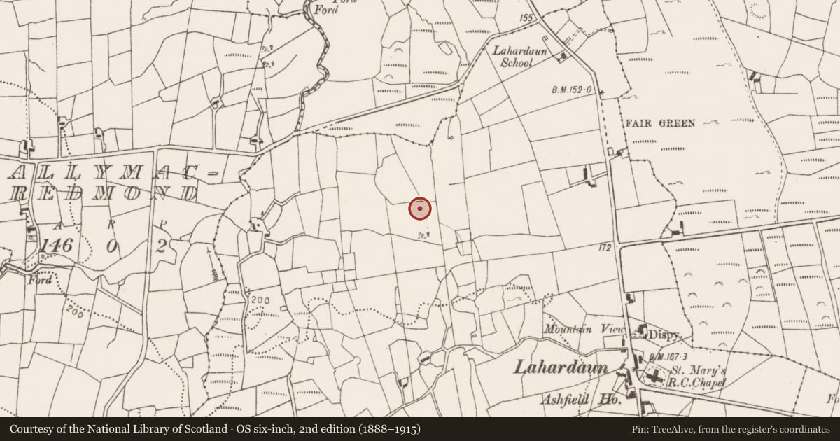 Ordnance Survey six-inch map, 2nd edition (1888–1915) covering the location of Ringfort - rath, Lahardaun, County Mayo, with a pin at the register's coordinates
