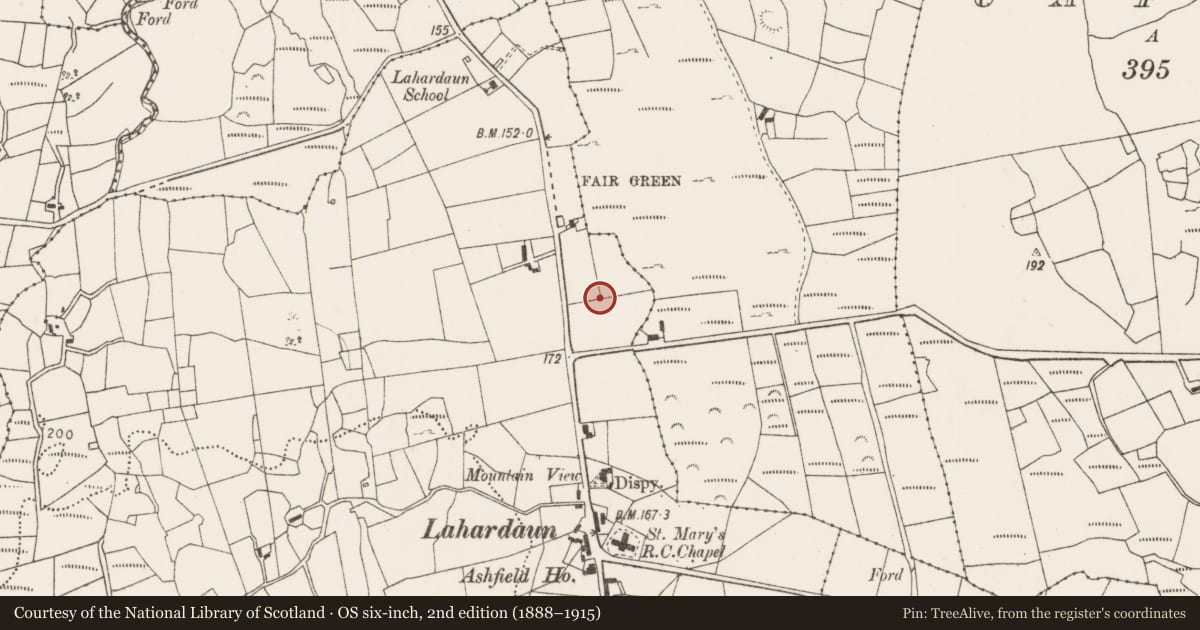 Ordnance Survey six-inch map, 2nd edition (1888–1915) covering the location of Ringfort - rath, Lahardaun, County Mayo, with a pin at the register's coordinates