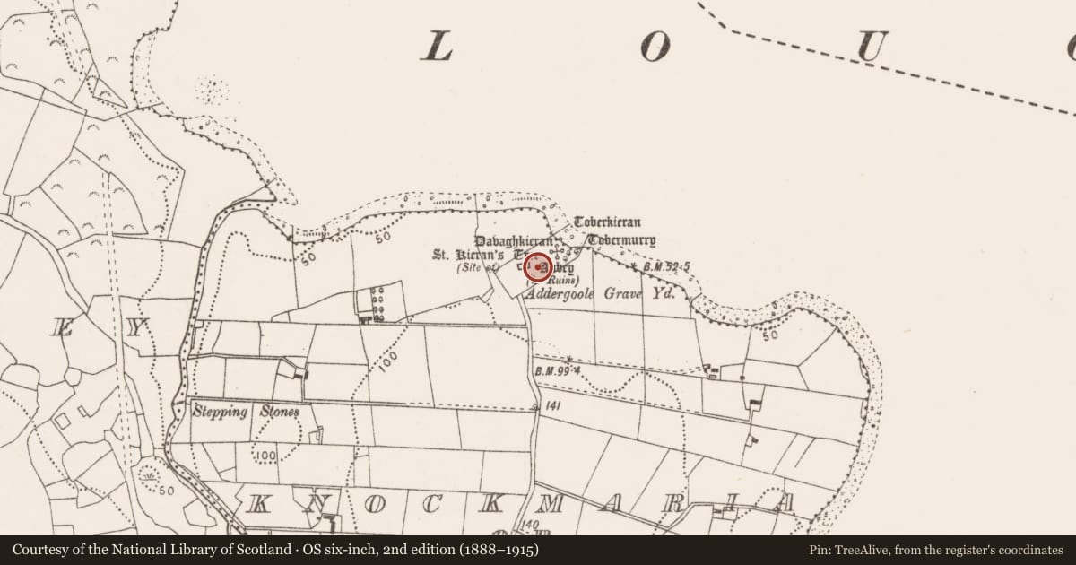 Ordnance Survey six-inch map, 2nd edition (1888–1915) covering the location of Graveyard, Knockmaria Or Addergoole, County Mayo, with a pin at the register's coordinates