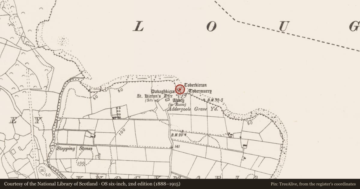Ordnance Survey six-inch map, 2nd edition (1888–1915) covering the location of Ritual site - holy well, Knockmaria Or Addergoole, County Mayo, with a pin at the register's coordinates