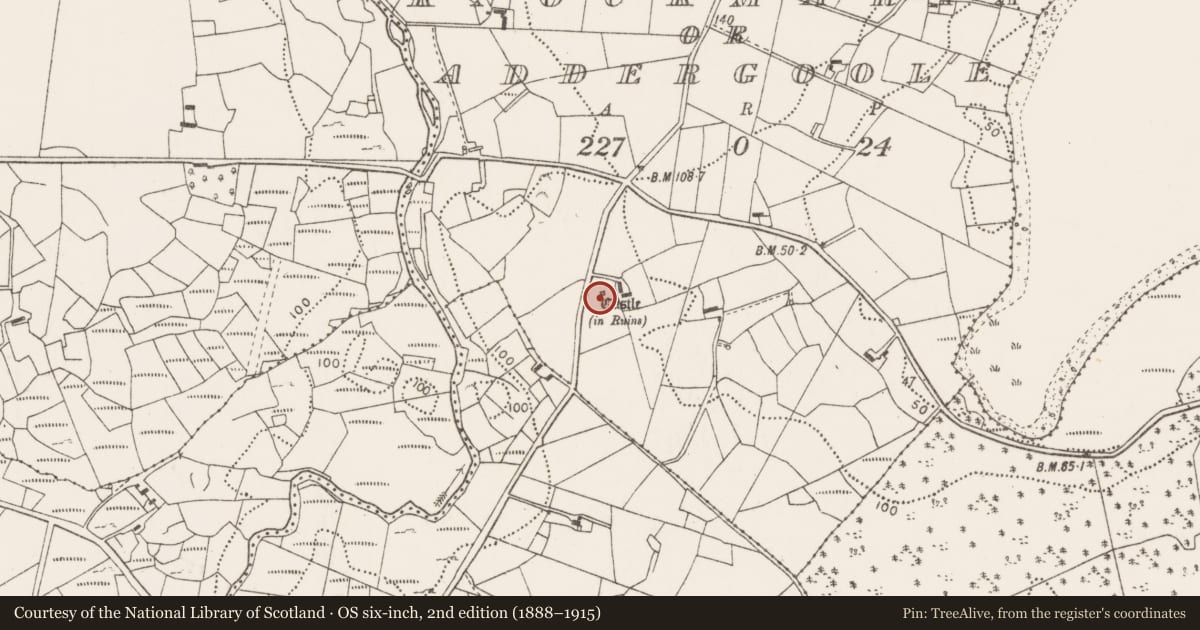 Ordnance Survey six-inch map, 2nd edition (1888–1915) covering the location of Castle - tower house, Knockmaria Or Addergoole, County Mayo, with a pin at the register's coordinates