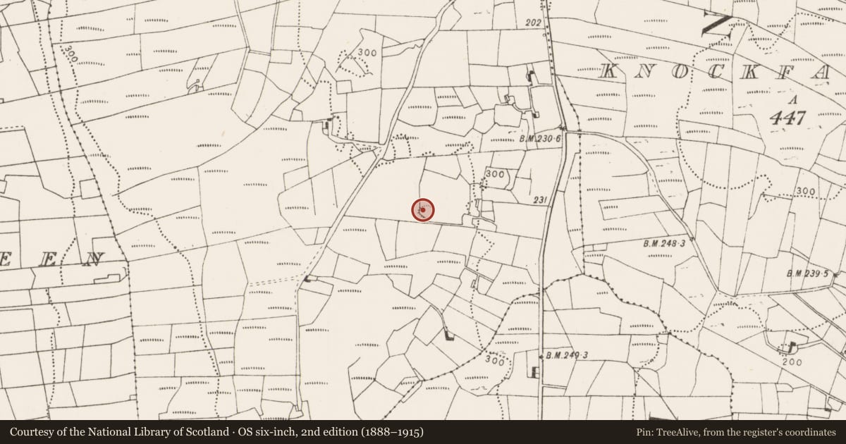 Ordnance Survey six-inch map, 2nd edition (1888–1915) covering the location of Ringfort - rath, Lahardaun, County Mayo, with a pin at the register's coordinates