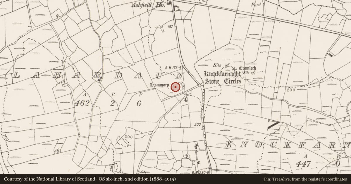Ordnance Survey six-inch map, 2nd edition (1888–1915) covering the location of Souterrain, Lahardaun, County Mayo, with a pin at the register's coordinates
