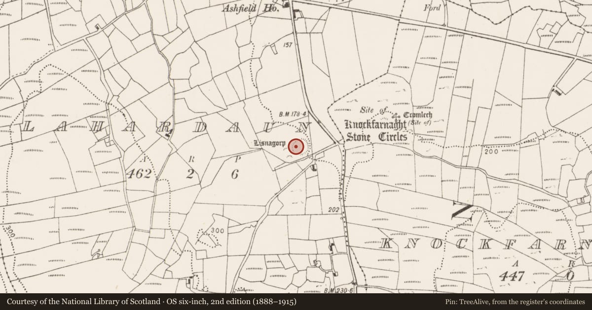 Ordnance Survey six-inch map, 2nd edition (1888–1915) covering the location of Burial ground, Lahardaun, County Mayo, with a pin at the register's coordinates