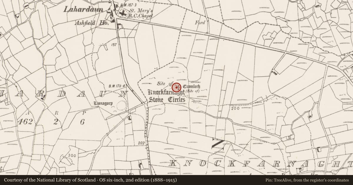Ordnance Survey six-inch map, 2nd edition (1888–1915) covering the location of Megalithic structure, Knockfarnaght, County Mayo, with a pin at the register's coordinates