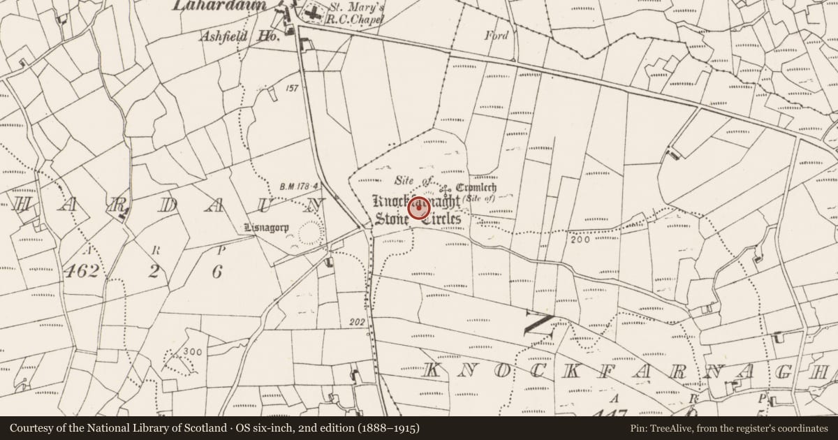 Ordnance Survey six-inch map, 2nd edition (1888–1915) covering the location of Barrow - ring-barrow, Knockfarnaght, County Mayo, with a pin at the register's coordinates