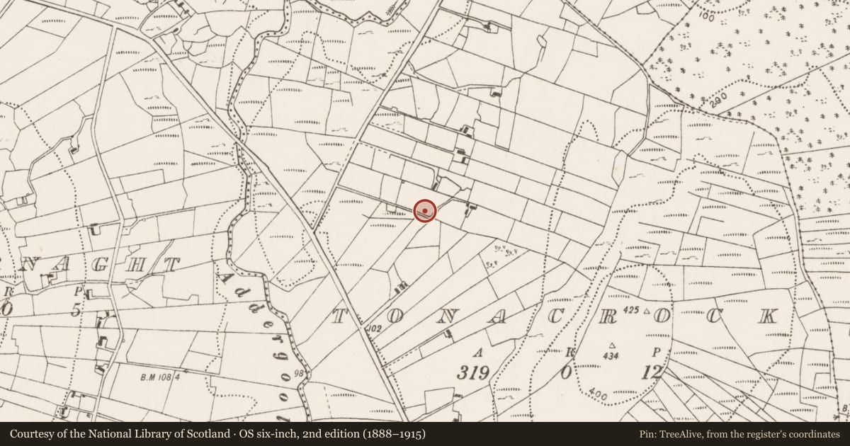 Ordnance Survey six-inch map, 2nd edition (1888–1915) covering the location of Enclosure, Tonacrock, County Mayo, with a pin at the register's coordinates