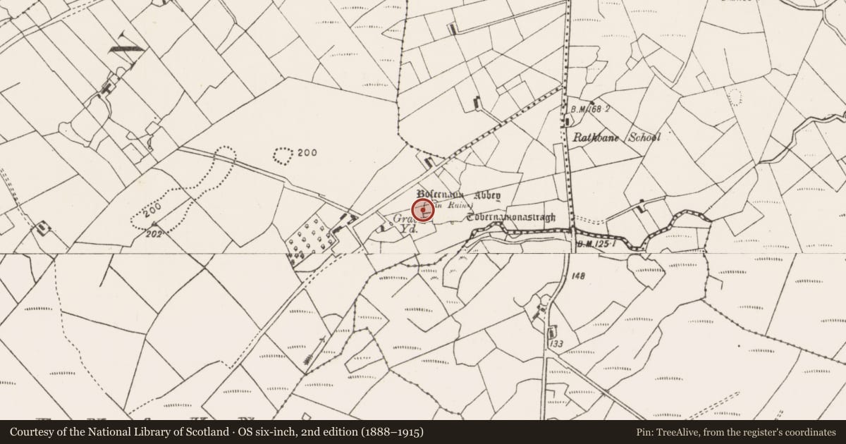Ordnance Survey six-inch map, 2nd edition (1888–1915) covering the location of Religious house - Franciscan Third Order Regular, Bofeenaun, County Mayo, with a pin at the register's coordinates