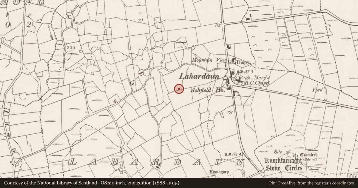 Ordnance Survey six-inch map, 2nd edition (1888–1915) covering the location of Enclosure, Lahardaun, County Mayo, with a pin at the register's coordinates