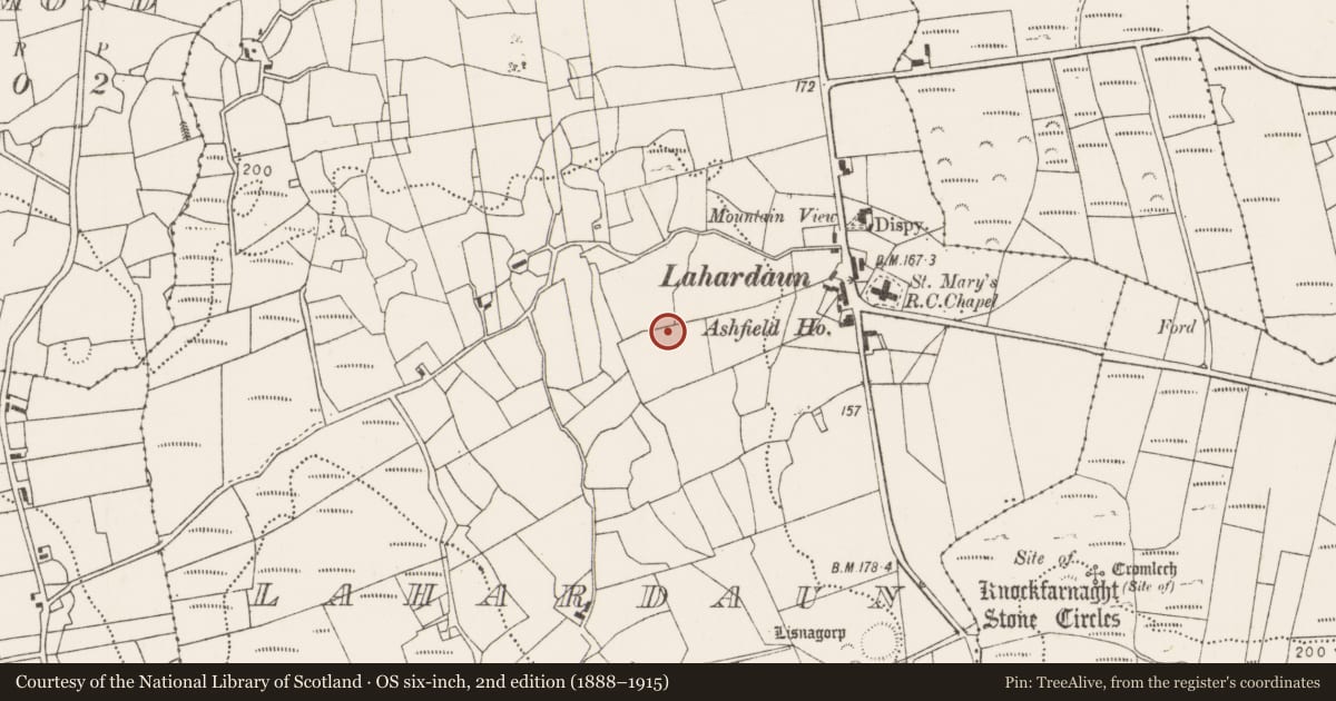 Ordnance Survey six-inch map, 2nd edition (1888–1915) covering the location of Field boundary, Lahardaun, County Mayo, with a pin at the register's coordinates