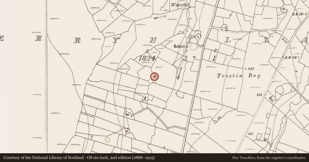 Ordnance Survey six-inch map, 2nd edition (1888–1915) covering the location of Enclosure, Derryhillagh, County Mayo, with a pin at the register's coordinates